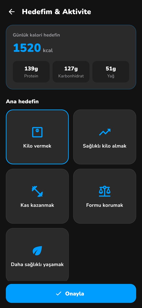 GriFlo Hedefim ve Aktivite ekranı: günlük kalori hedefi, makrolar ve ana hedef seçimi