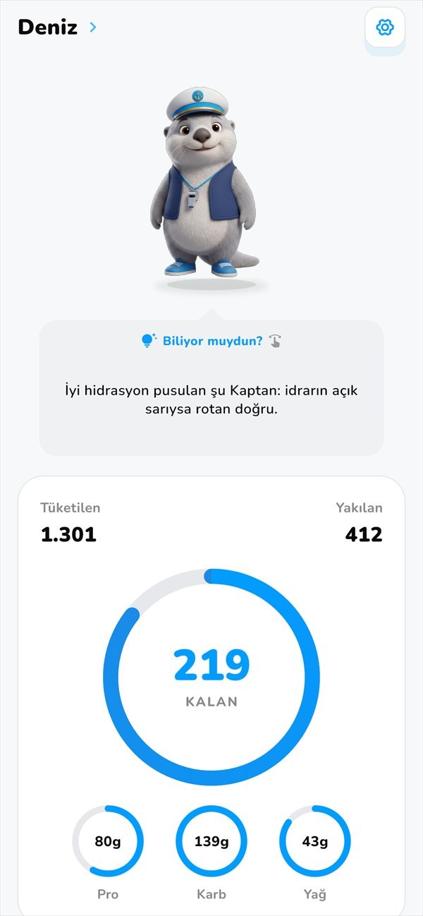 GriFlo Karargâh ekranı: Kaptan Flo, günün ipucu ve kalan kalori halkası