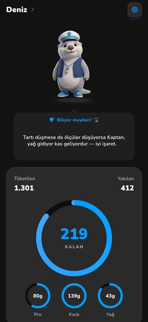 GriFlo Karargâh ekranı: Kaptan Flo, günün ipucu ve kalan kalori halkası